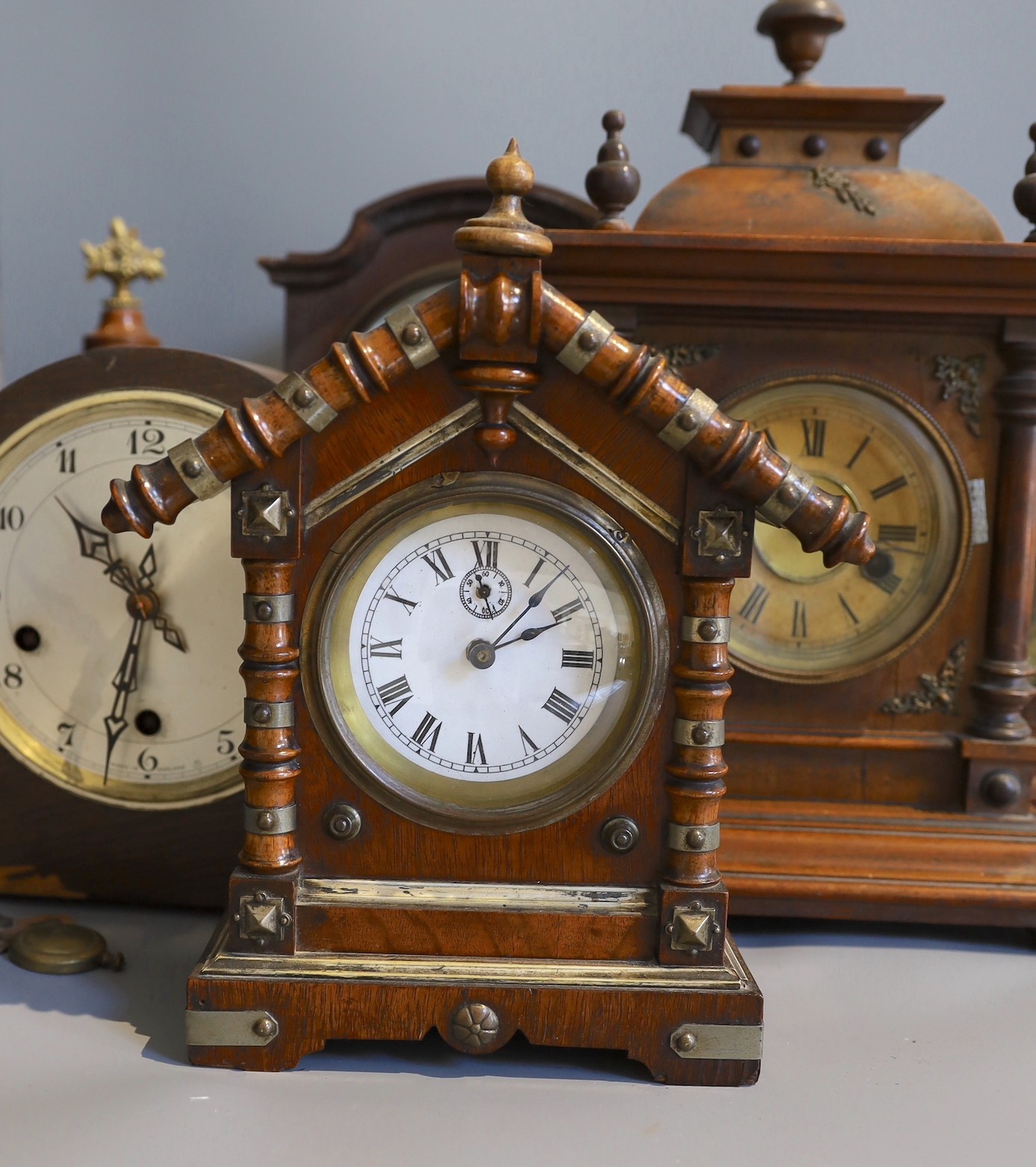 Six Victorian and later mantel clocks and timepieces, tallest 42cm